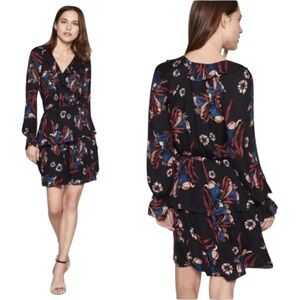 JOIE Silk Mini Dress Long Sleeve V-Neck Layered Ruffle Skirt Large Black Floral